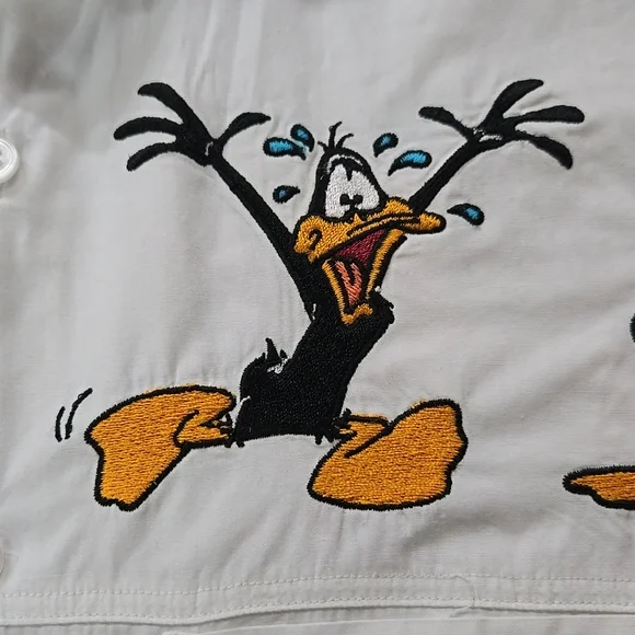 Retro 90s Looney Toons Daffy Duck White Cotton Button Up Shirt Vintage 1990s - Picture 9 of 16